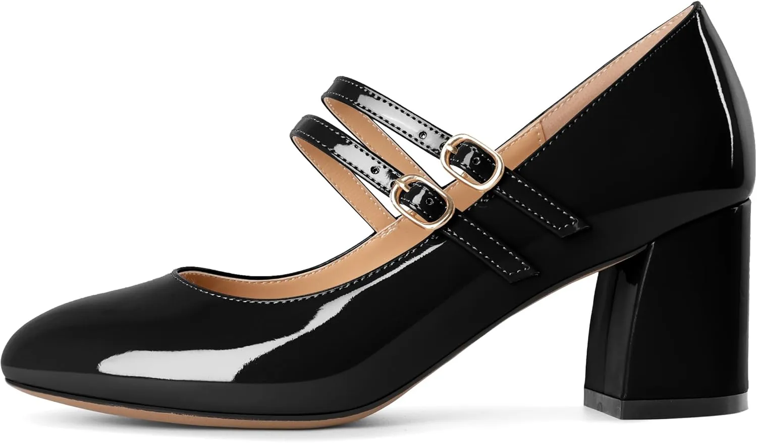 Esvowido Mary Janes Shoes for Women 2.5 Inch Double Straps Low Chunky Heels Comfortable Block Round Closed Toe Pumps in Patent Leather US Sizes 5 to 13