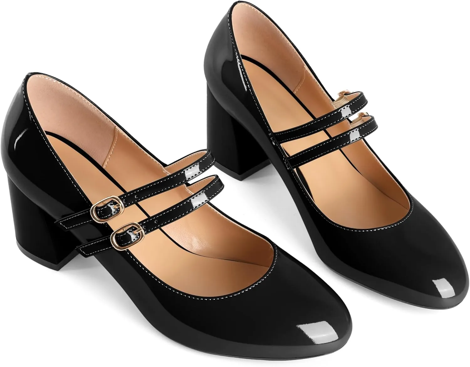 Esvowido Mary Janes Shoes for Women 2.5 Inch Double Straps Low Chunky Heels Comfortable Block Round Closed Toe Pumps in Patent Leather US Sizes 5 to 13