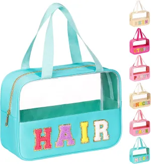 eurovicky Chenille Letter Patch Clear Makeup Bag, Preppy Nylon Makeup Bag with Handle and Zipper, Waterproof Large Clear Travel HAIR Bag Storage Bag for Women (Mint Green-HAIR)