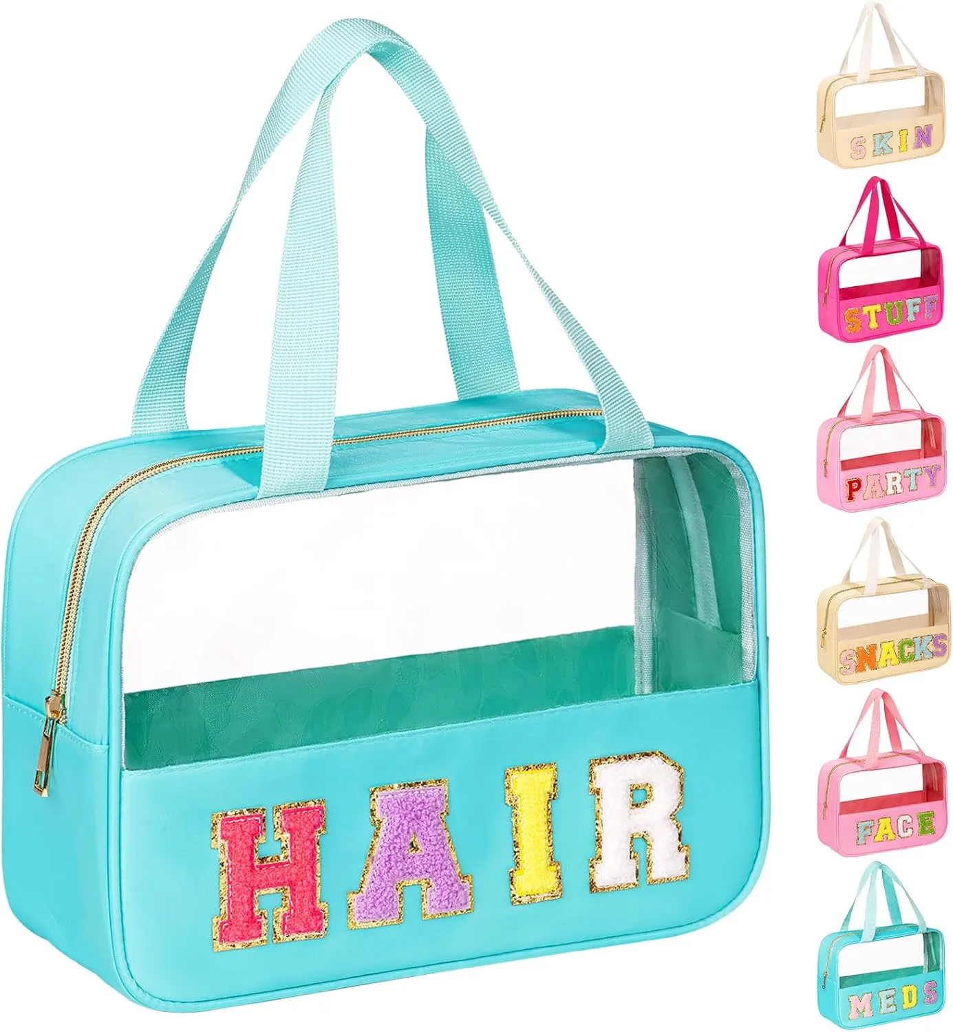 eurovicky Chenille Letter Patch Clear Makeup Bag, Preppy Nylon Makeup Bag with Handle and Zipper, Waterproof Large Clear Travel HAIR Bag Storage Bag for Women (Mint Green-HAIR)