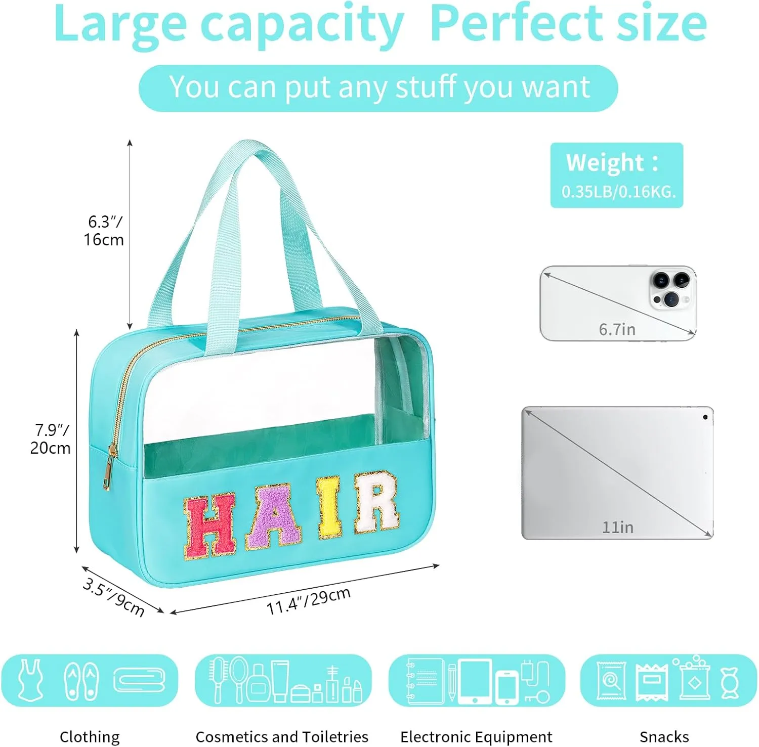 eurovicky Chenille Letter Patch Clear Makeup Bag, Preppy Nylon Makeup Bag with Handle and Zipper, Waterproof Large Clear Travel HAIR Bag Storage Bag for Women (Mint Green-HAIR)