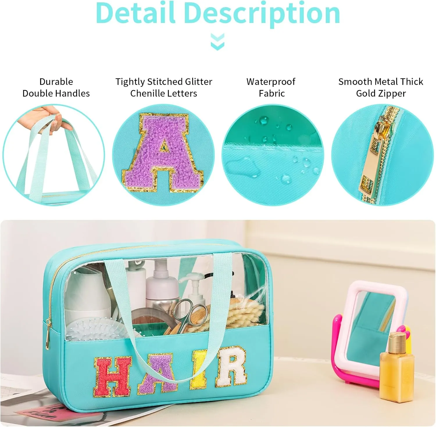eurovicky Chenille Letter Patch Clear Makeup Bag, Preppy Nylon Makeup Bag with Handle and Zipper, Waterproof Large Clear Travel HAIR Bag Storage Bag for Women (Mint Green-HAIR)