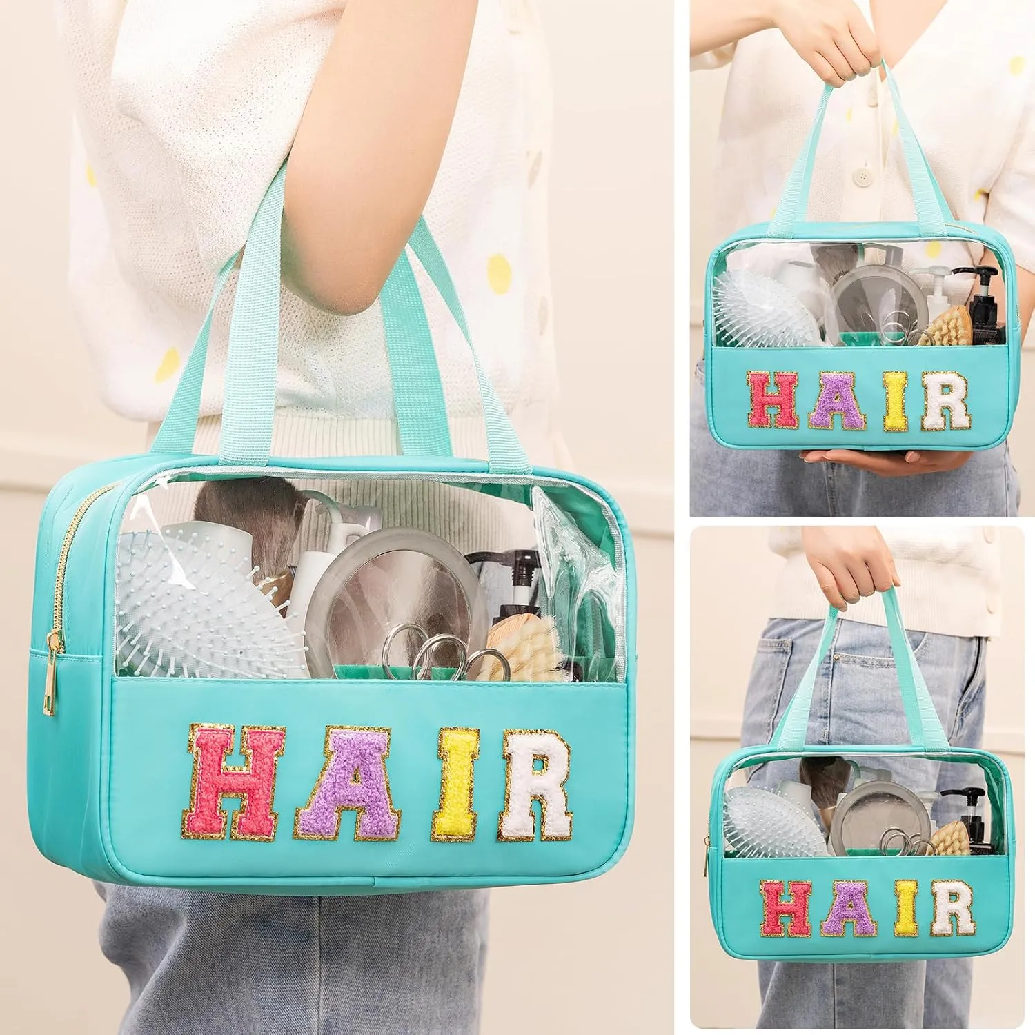 eurovicky Chenille Letter Patch Clear Makeup Bag, Preppy Nylon Makeup Bag with Handle and Zipper, Waterproof Large Clear Travel HAIR Bag Storage Bag for Women (Mint Green-HAIR)