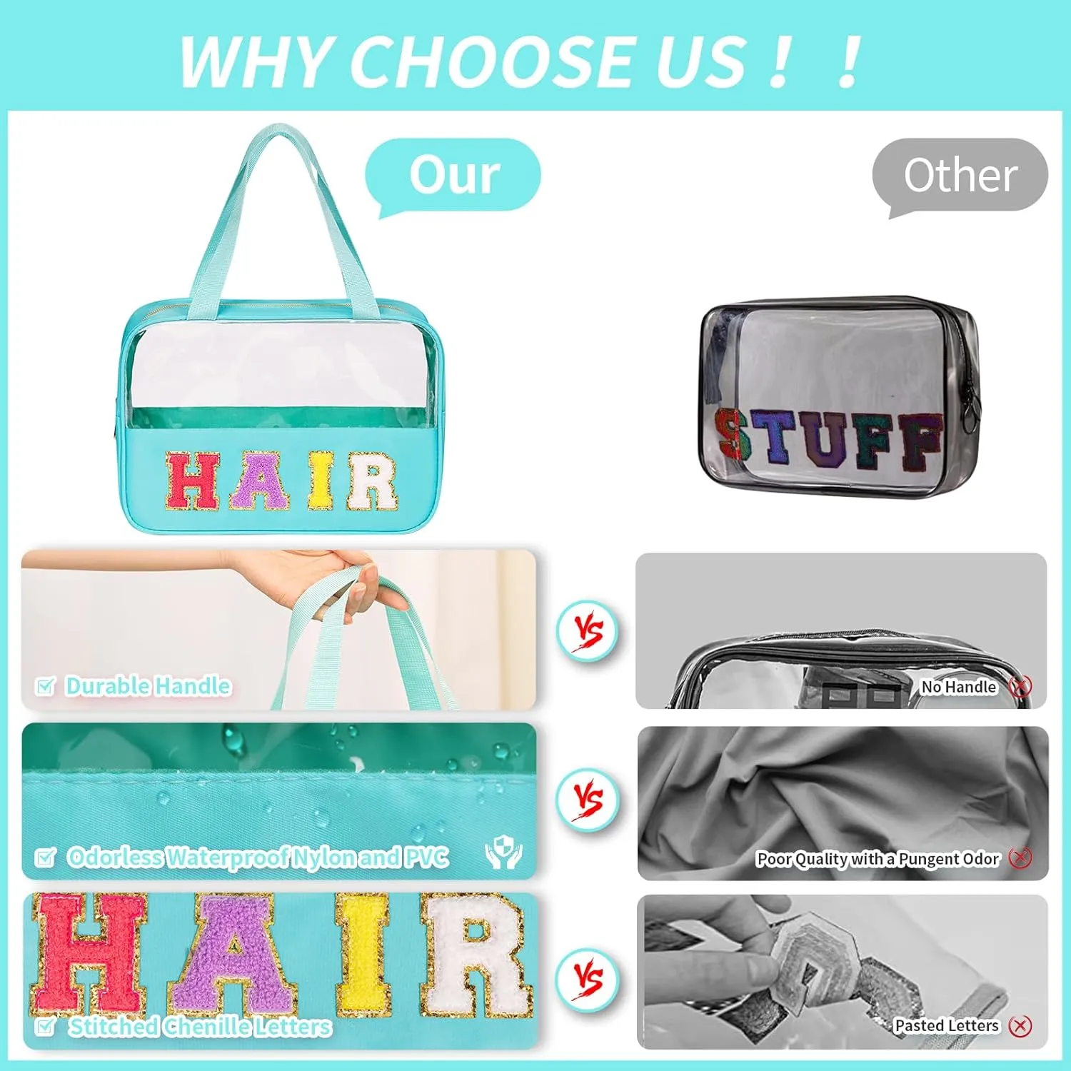 eurovicky Chenille Letter Patch Clear Makeup Bag, Preppy Nylon Makeup Bag with Handle and Zipper, Waterproof Large Clear Travel HAIR Bag Storage Bag for Women (Mint Green-HAIR)