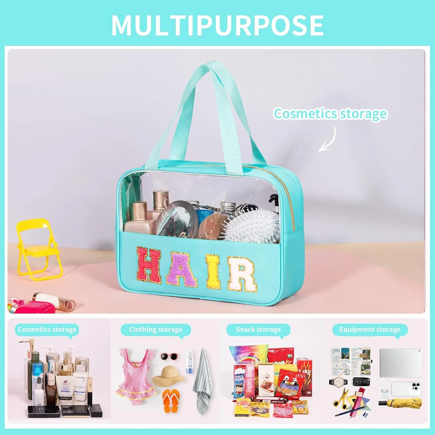 eurovicky Chenille Letter Patch Clear Makeup Bag, Preppy Nylon Makeup Bag with Handle and Zipper, Waterproof Large Clear Travel HAIR Bag Storage Bag for Women (Mint Green-HAIR)