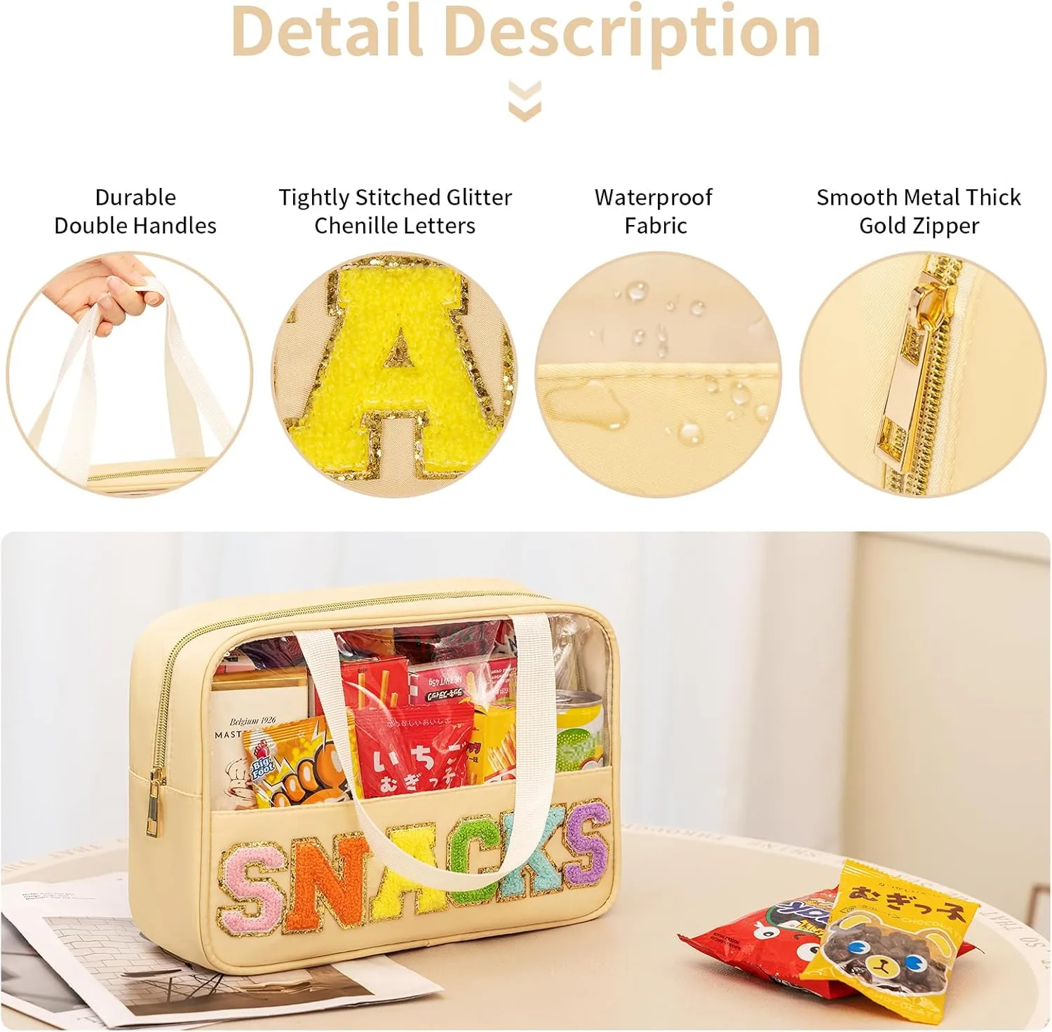 eurovicky Chenille Letter Patch Clear Makeup Bag, Preppy PVC&Nylon Makeup Bag with Handle and Zipper, Waterproof Large Clear Travel Toiletry Bag Storage Bag for Women