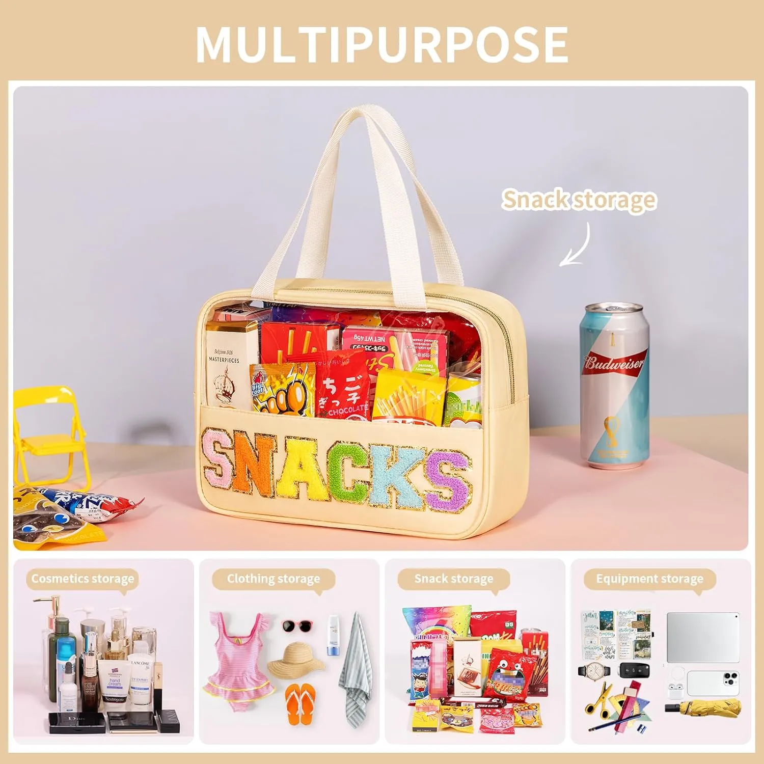 eurovicky Chenille Letter Patch Clear Makeup Bag, Preppy PVC&Nylon Makeup Bag with Handle and Zipper, Waterproof Large Clear Travel Toiletry Bag Storage Bag for Women