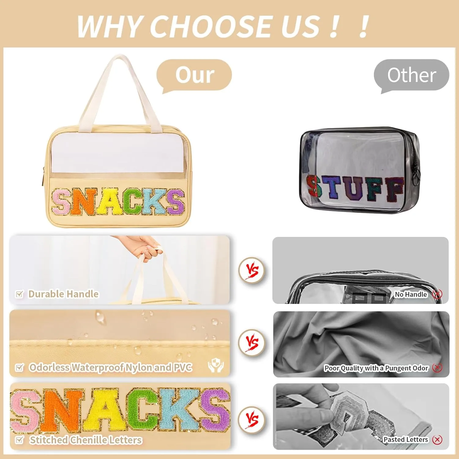 eurovicky Chenille Letter Patch Clear Makeup Bag, Preppy PVC&Nylon Makeup Bag with Handle and Zipper, Waterproof Large Clear Travel Toiletry Bag Storage Bag for Women