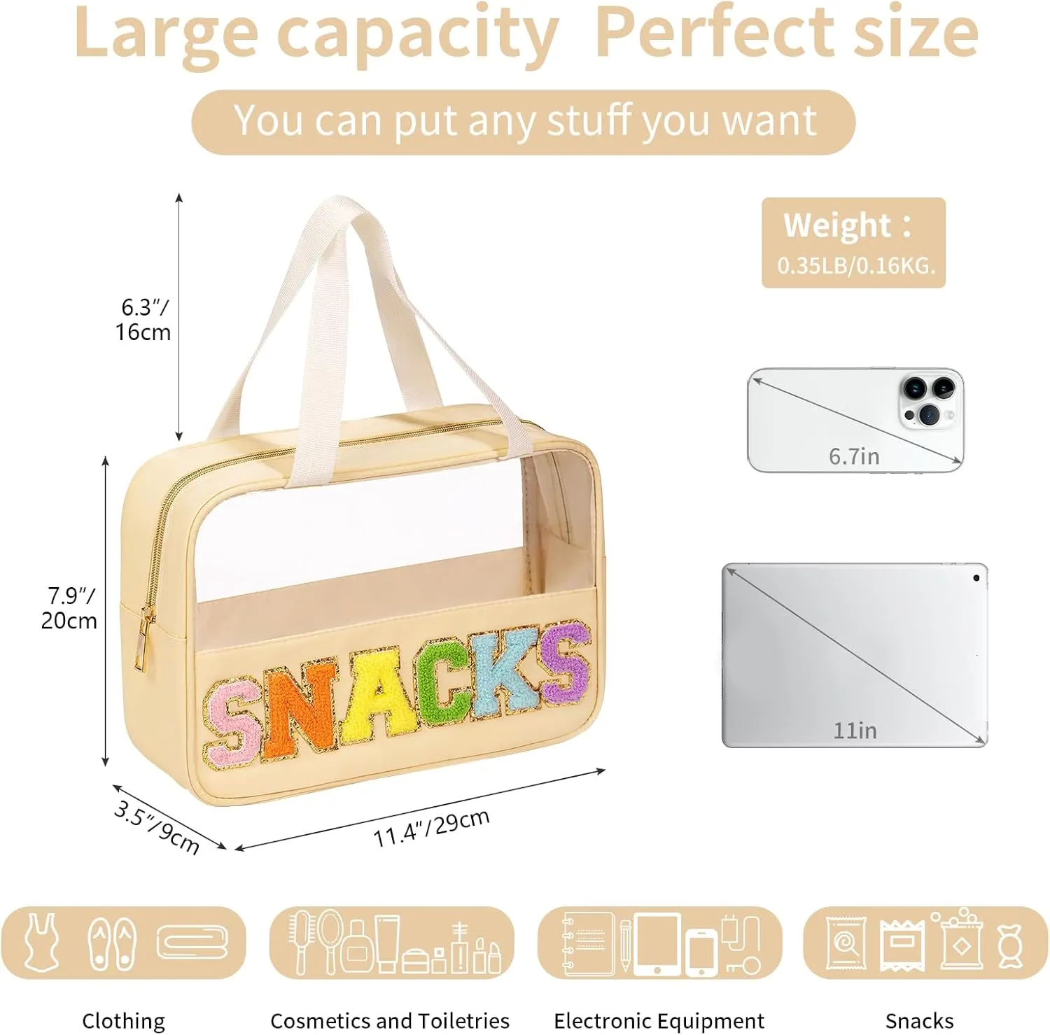 eurovicky Chenille Letter Patch Clear Makeup Bag, Preppy PVC&Nylon Makeup Bag with Handle and Zipper, Waterproof Large Clear Travel Toiletry Bag Storage Bag for Women