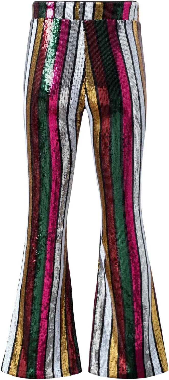EVALESS Women Sequin Pants Sparkly Glitter High Waisted Wide Leg Flare Trousers Bell Bottom Night Out Clubwear