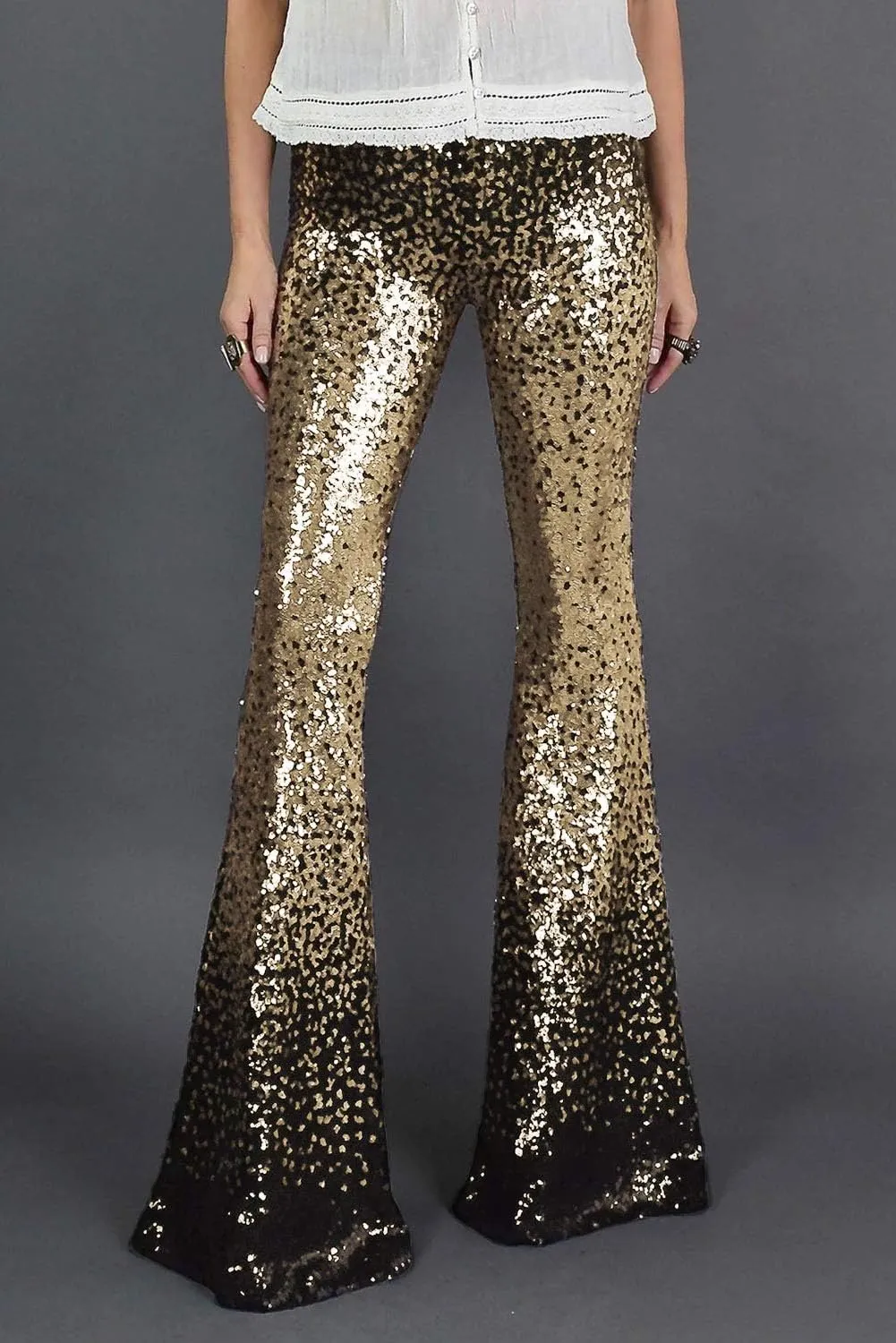 EVALESS Women Sequin Pants Sparkly Glitter High Waisted Wide Leg Flare Trousers Bell Bottom Night Out Clubwear