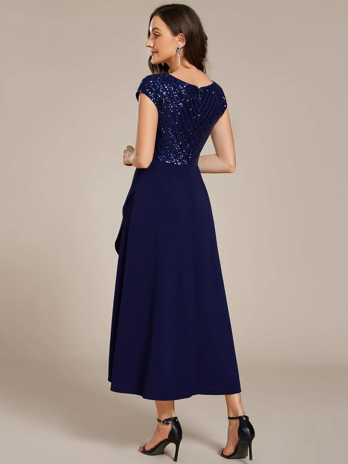 Ever-Pretty Women's Elegant V Neck Sequin Short Sleeve Hi-Lo Tea Length Evening Gowns 02325