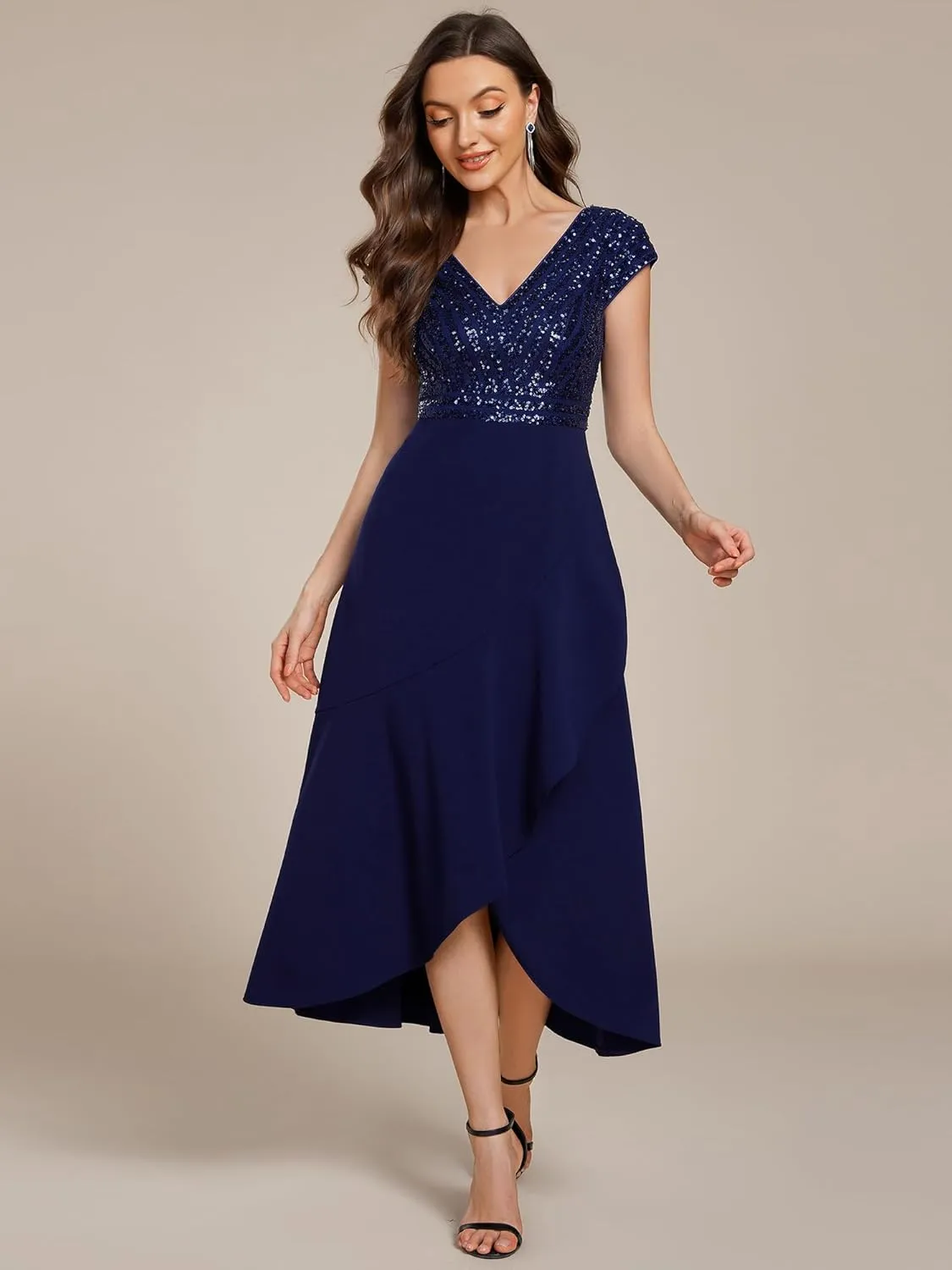 Ever-Pretty Women's Elegant V Neck Sequin Short Sleeve Hi-Lo Tea Length Evening Gowns 02325