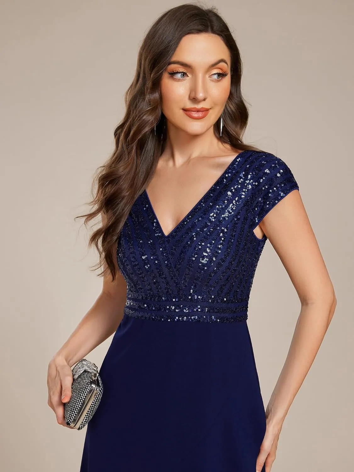 Ever-Pretty Women's Elegant V Neck Sequin Short Sleeve Hi-Lo Tea Length Evening Gowns 02325
