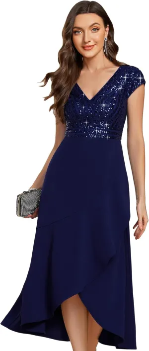 Ever-Pretty Women's Elegant V Neck Sequin Short Sleeve Hi-Lo Tea Length Evening Gowns 02325