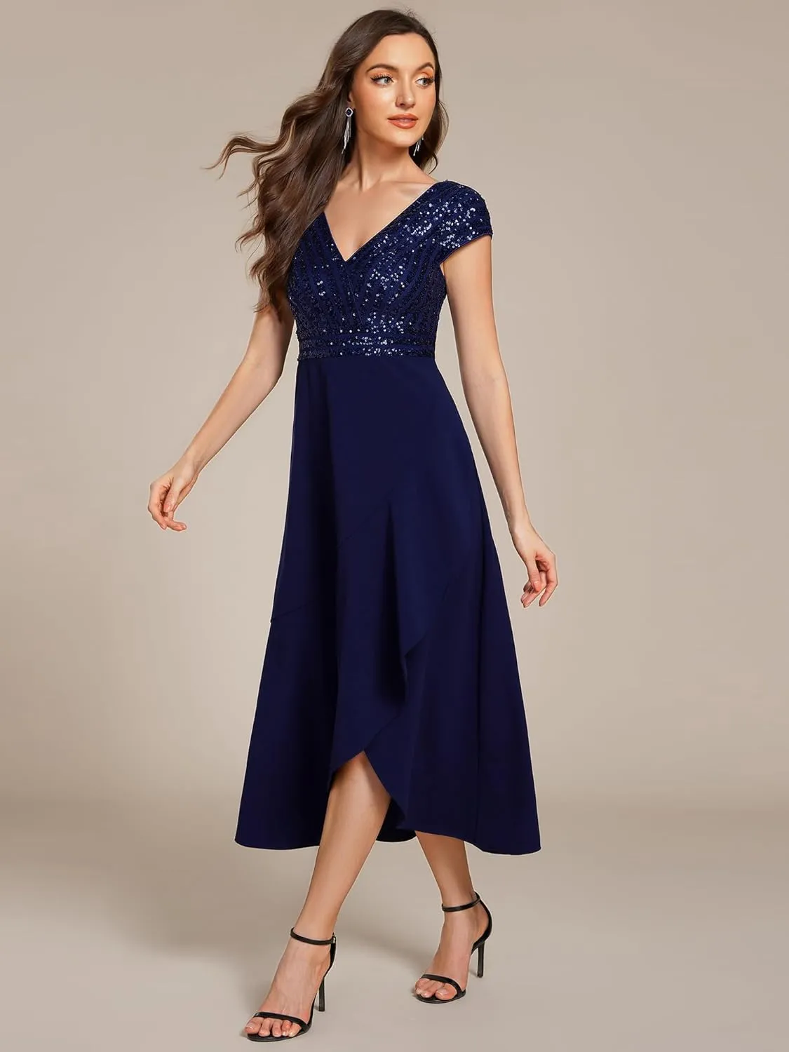Ever-Pretty Women's Elegant V Neck Sequin Short Sleeve Hi-Lo Tea Length Evening Gowns 02325
