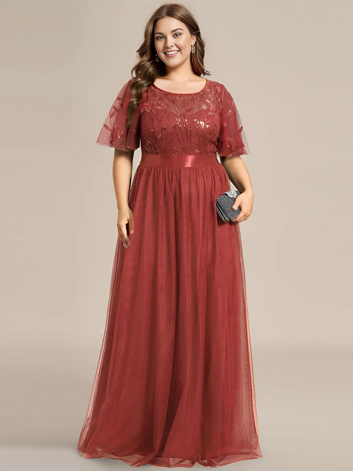 Ever-Pretty Women's Round Neck Short Sleeves Plus Size A-Line Tulle Sequin Formal Evening Dresses 0904-DA2