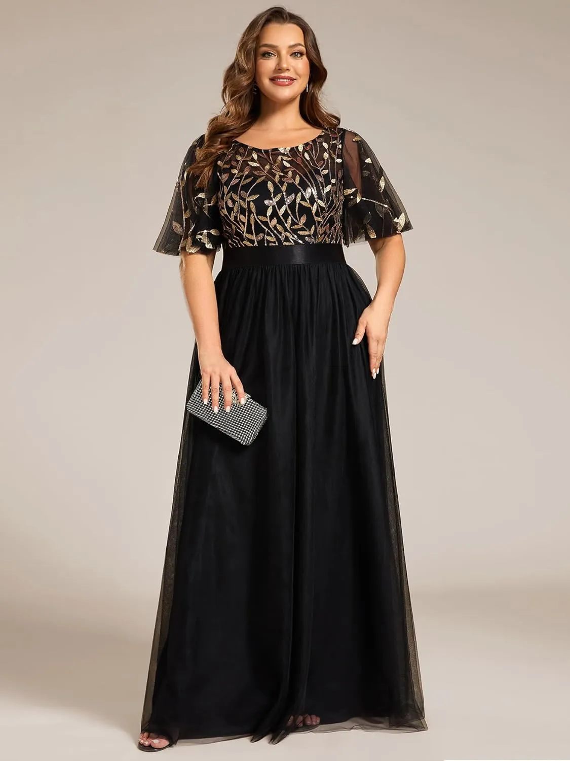 Ever-Pretty Women's Round Neck Short Sleeves Plus Size A-Line Tulle Sequin Formal Evening Dresses 0904-DA2