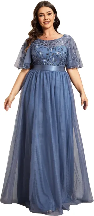 Ever-Pretty Women's Round Neck Short Sleeves Plus Size A-Line Tulle Sequin Formal Evening Dresses 0904-DA2