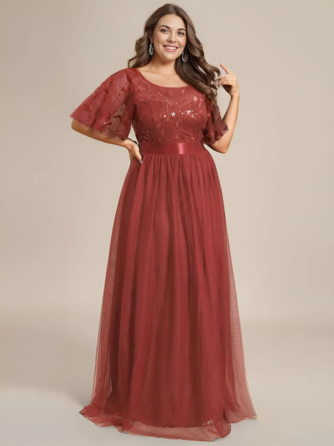 Ever-Pretty Women's Round Neck Short Sleeves Plus Size A-Line Tulle Sequin Formal Evening Dresses 0904-DA2