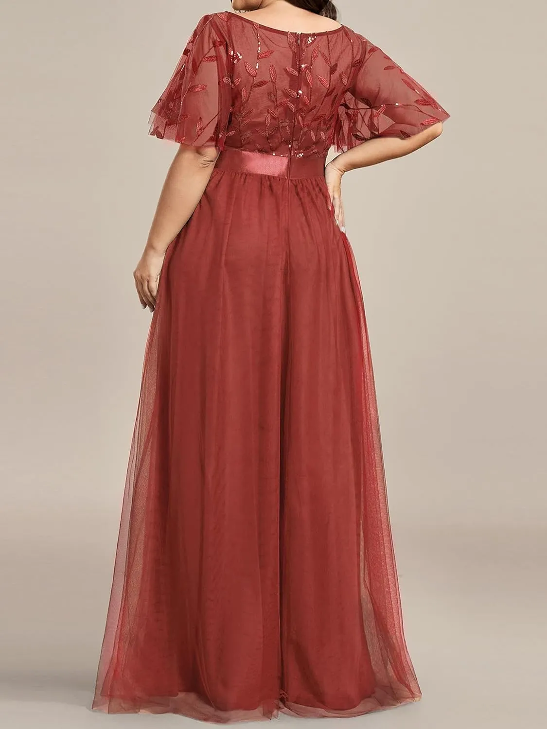 Ever-Pretty Women's Round Neck Short Sleeves Plus Size A-Line Tulle Sequin Formal Evening Dresses 0904-DA2