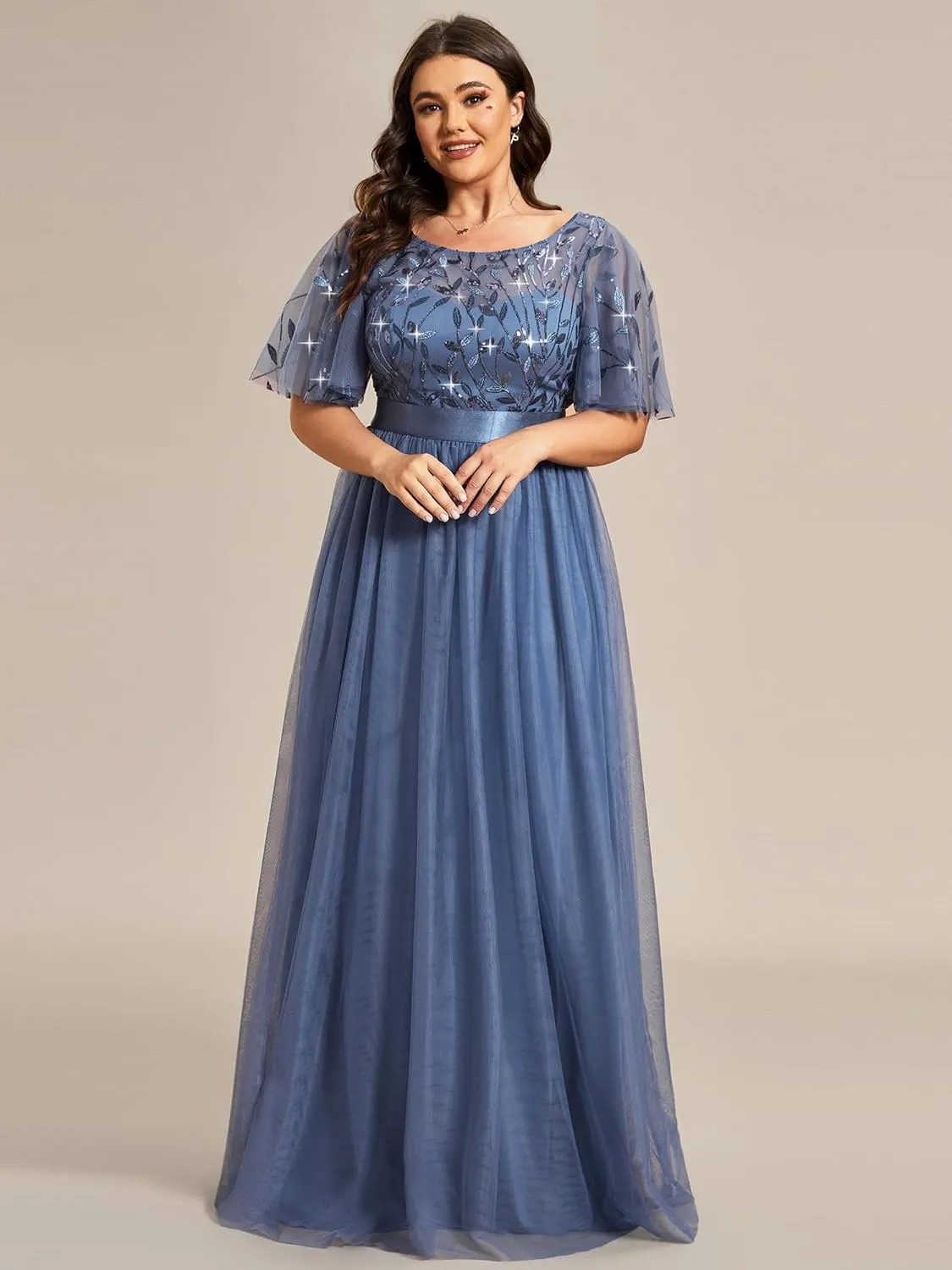 Ever-Pretty Women's Round Neck Short Sleeves Plus Size A-Line Tulle Sequin Formal Evening Dresses 0904-DA2