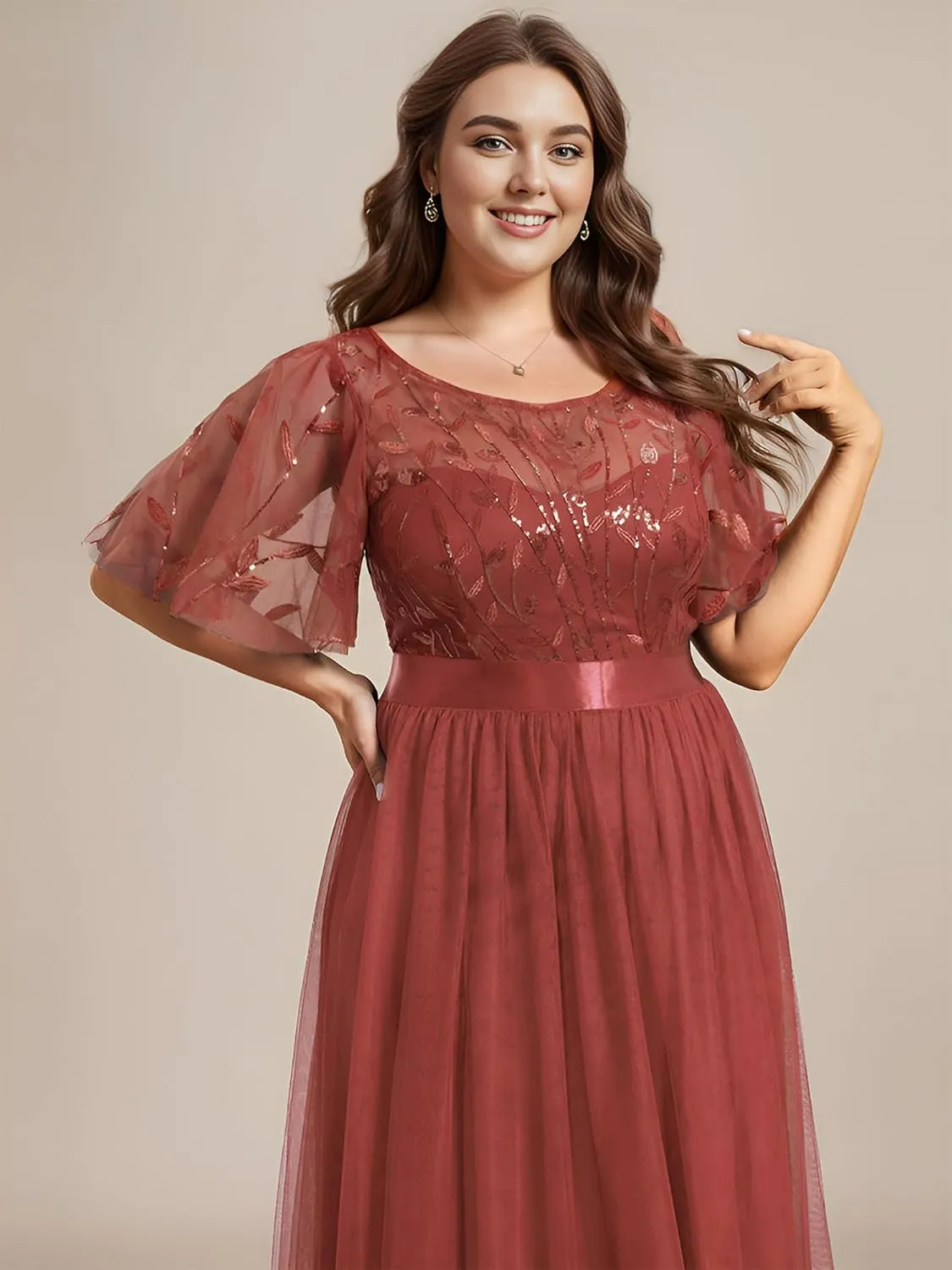 Ever-Pretty Women's Round Neck Short Sleeves Plus Size A-Line Tulle Sequin Formal Evening Dresses 0904-DA2
