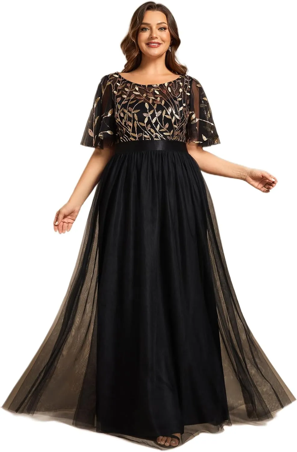 Ever-Pretty Women's Round Neck Short Sleeves Plus Size A-Line Tulle Sequin Formal Evening Dresses 0904-DA2