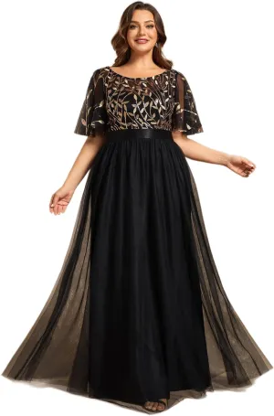 Ever-Pretty Women's Round Neck Short Sleeves Plus Size A-Line Tulle Sequin Formal Evening Dresses 0904-DA2