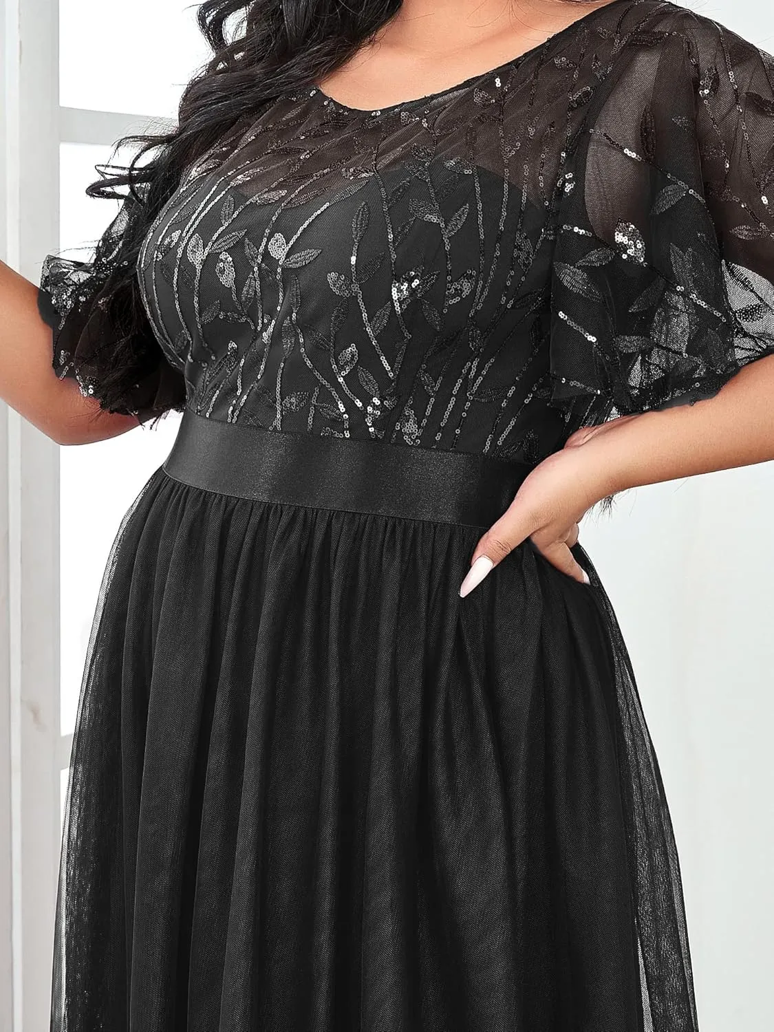Ever-Pretty Women's Round Neck Short Sleeves Plus Size A-Line Tulle Sequin Formal Evening Dresses 0904-DA2