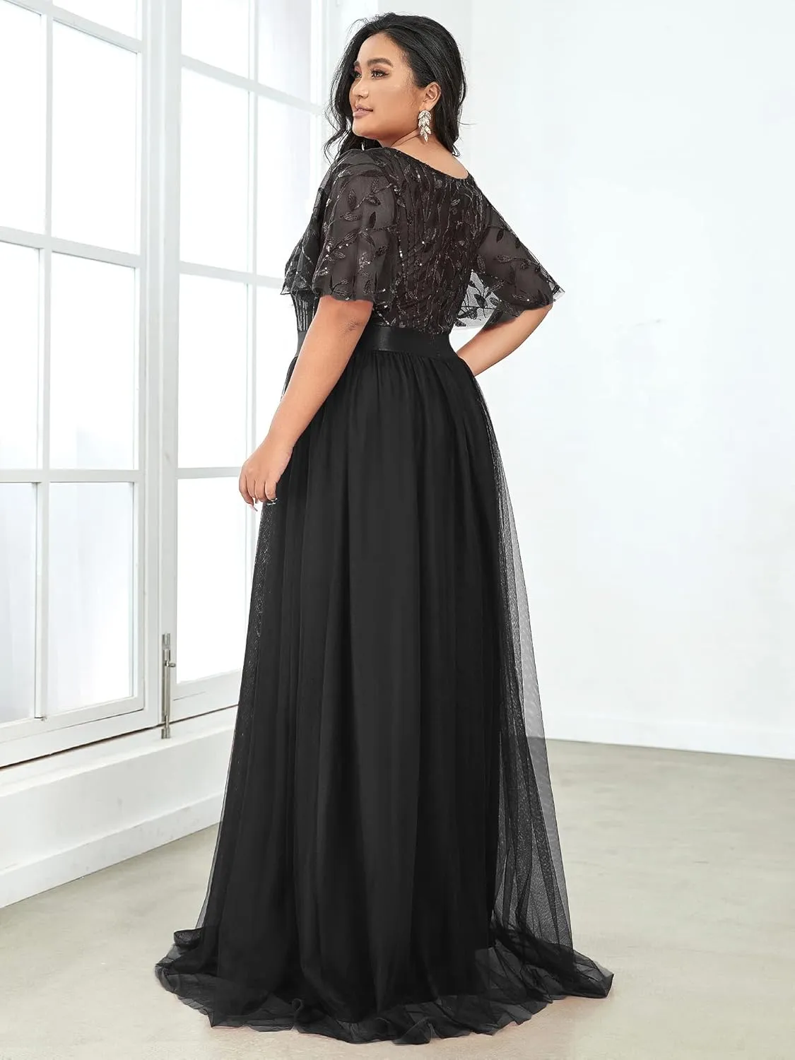 Ever-Pretty Women's Round Neck Short Sleeves Plus Size A-Line Tulle Sequin Formal Evening Dresses 0904-DA2