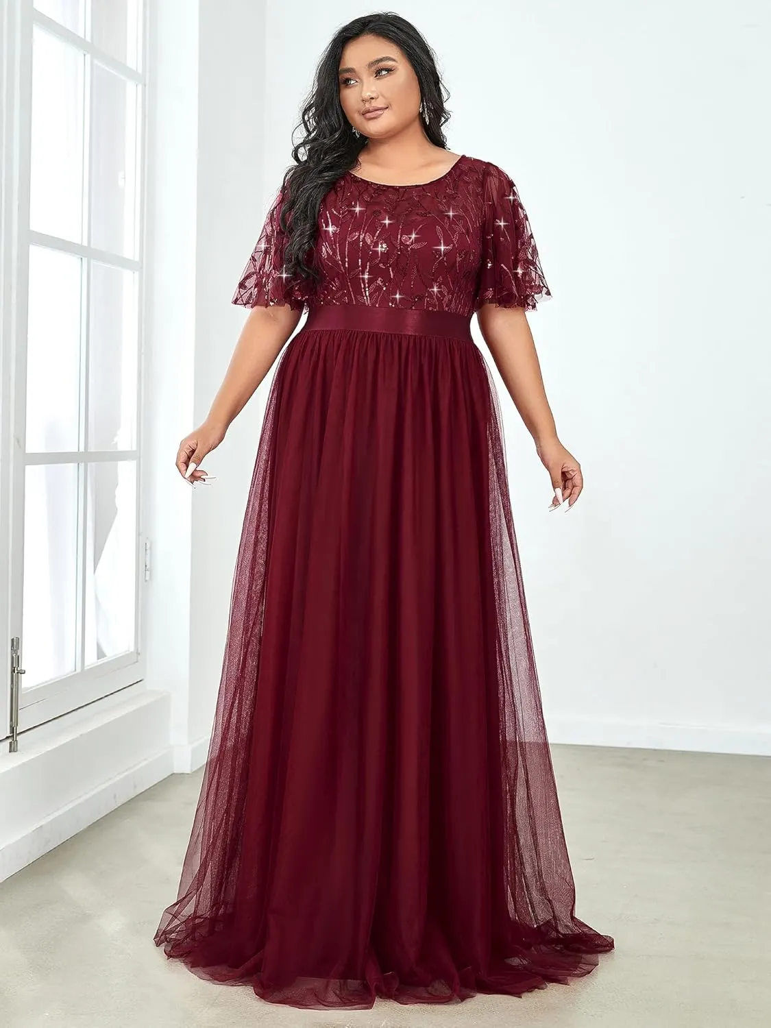 Ever-Pretty Women's Round Neck Short Sleeves Plus Size A-Line Tulle Sequin Formal Evening Dresses 0904-DA2