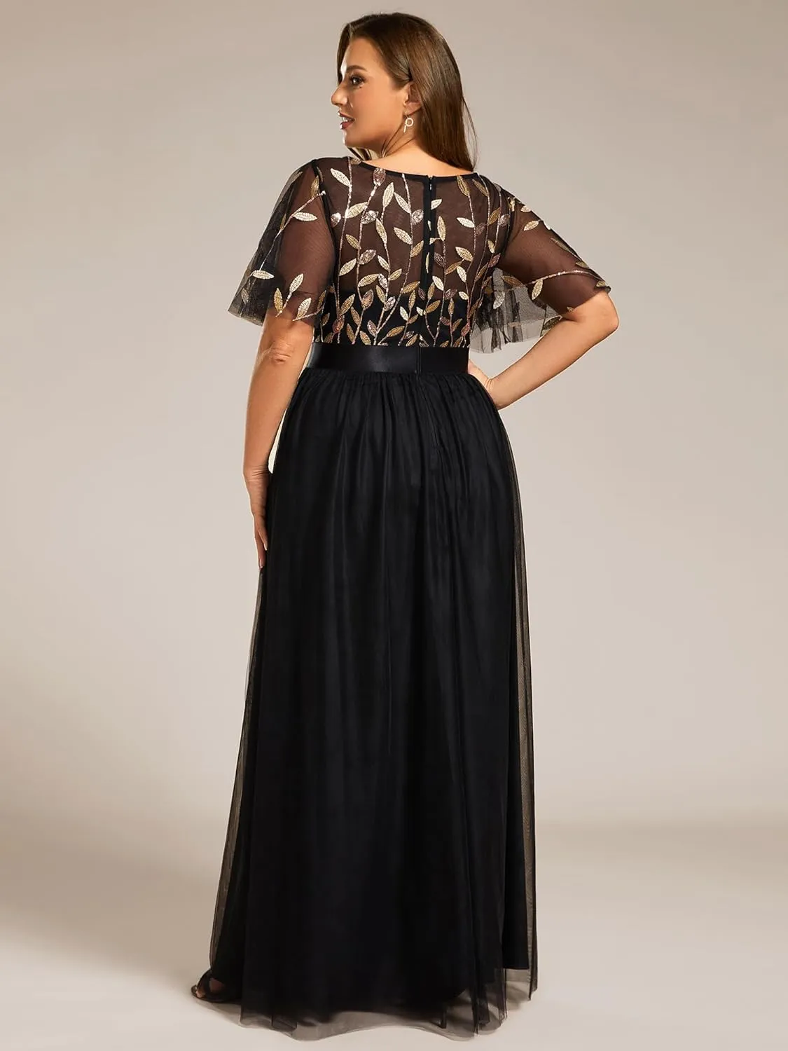 Ever-Pretty Women's Round Neck Short Sleeves Plus Size A-Line Tulle Sequin Formal Evening Dresses 0904-DA2
