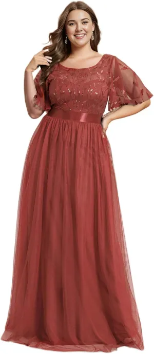 Ever-Pretty Women's Round Neck Short Sleeves Plus Size A-Line Tulle Sequin Formal Evening Dresses 0904-DA2