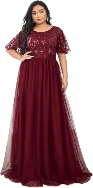 Ever-Pretty Women's Round Neck Short Sleeves Plus Size A-Line Tulle Sequin Formal Evening Dresses 0904-DA2