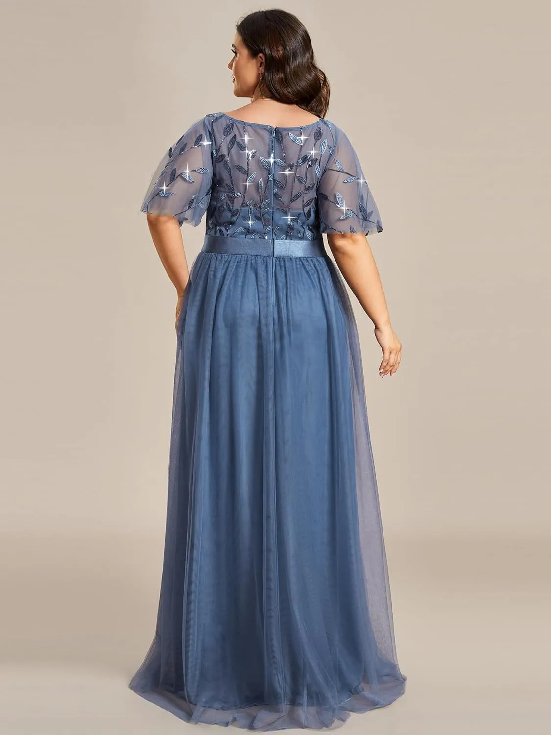 Ever-Pretty Women's Round Neck Short Sleeves Plus Size A-Line Tulle Sequin Formal Evening Dresses 0904-DA2