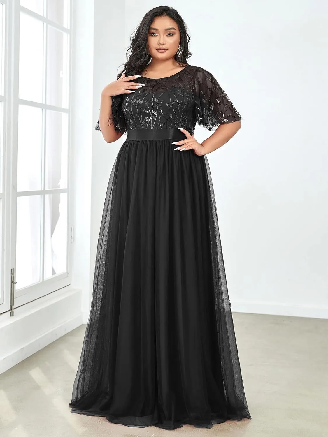 Ever-Pretty Women's Round Neck Short Sleeves Plus Size A-Line Tulle Sequin Formal Evening Dresses 0904-DA2