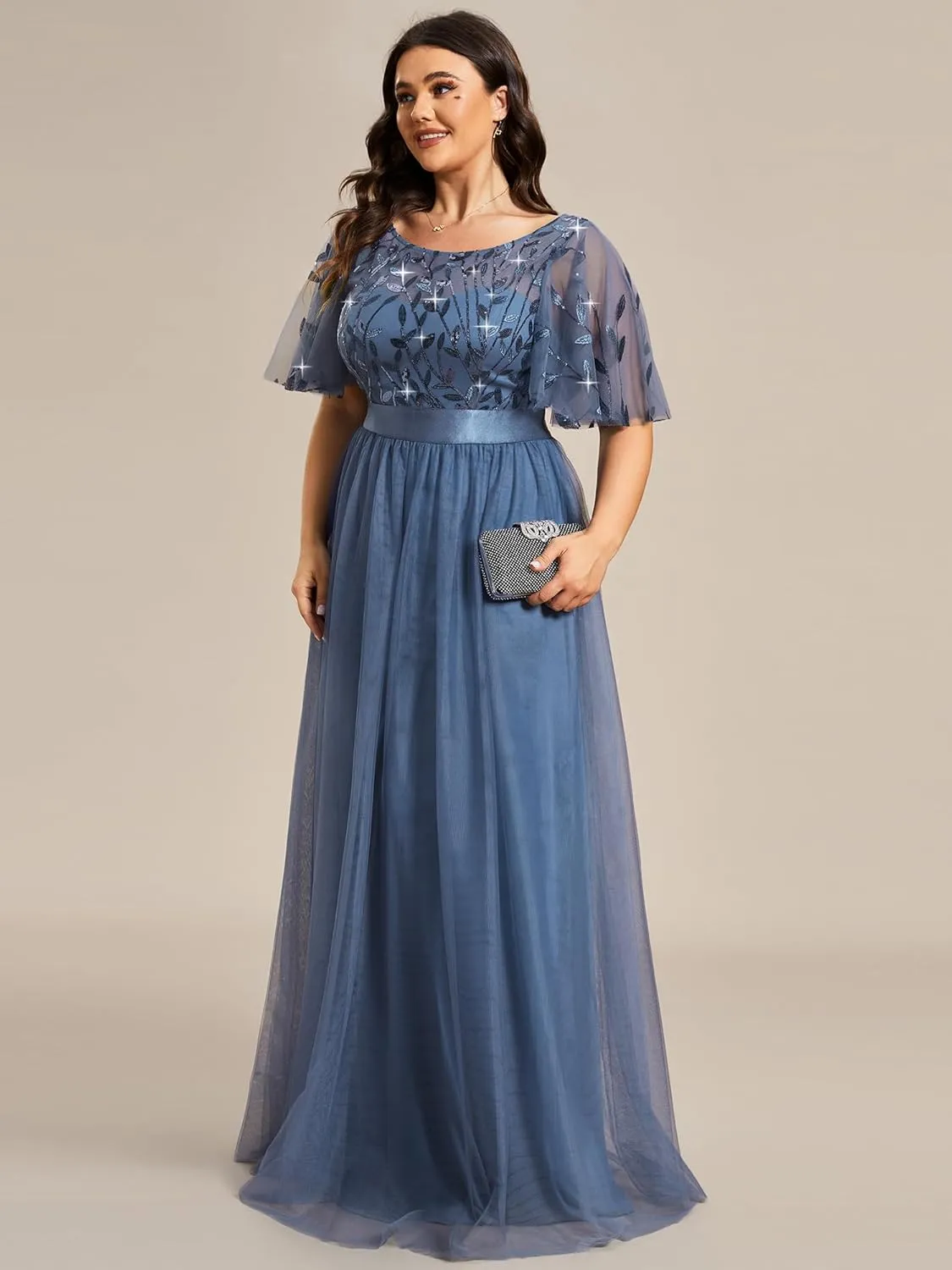 Ever-Pretty Women's Round Neck Short Sleeves Plus Size A-Line Tulle Sequin Formal Evening Dresses 0904-DA2