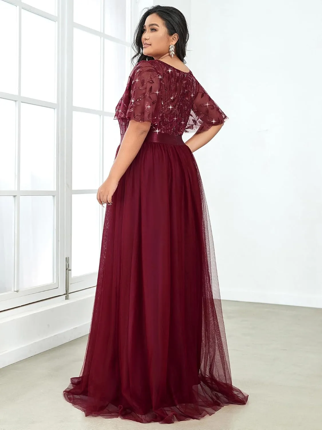 Ever-Pretty Women's Round Neck Short Sleeves Plus Size A-Line Tulle Sequin Formal Evening Dresses 0904-DA2