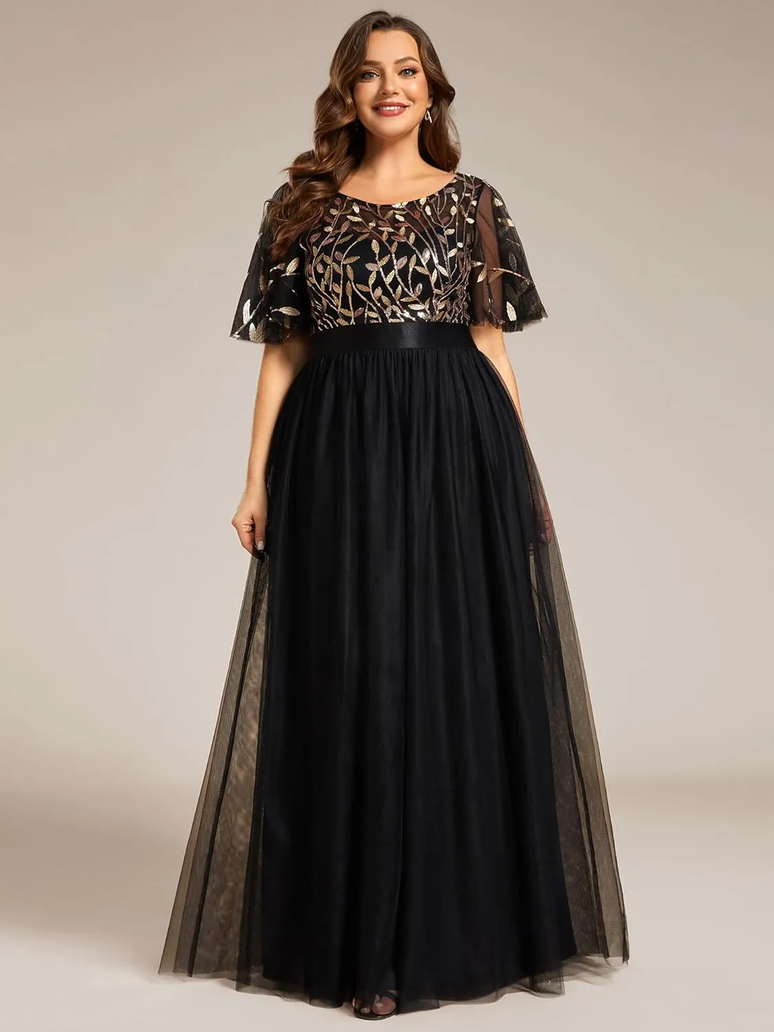 Ever-Pretty Women's Round Neck Short Sleeves Plus Size A-Line Tulle Sequin Formal Evening Dresses 0904-DA2