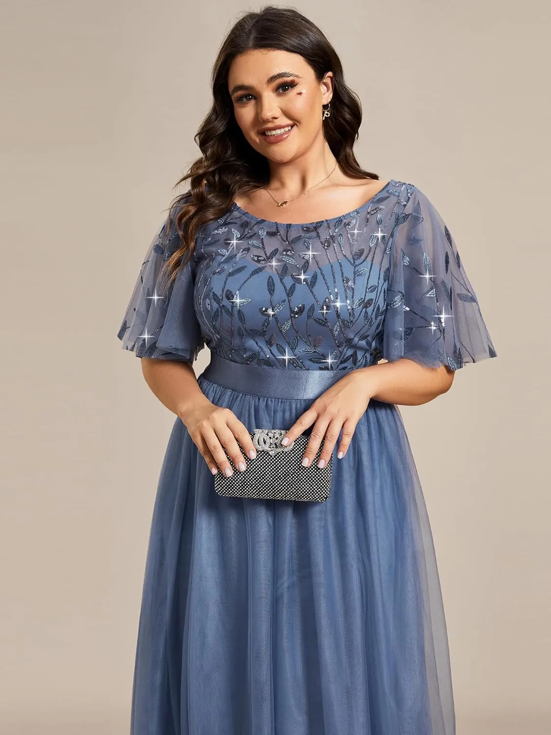 Ever-Pretty Women's Round Neck Short Sleeves Plus Size A-Line Tulle Sequin Formal Evening Dresses 0904-DA2