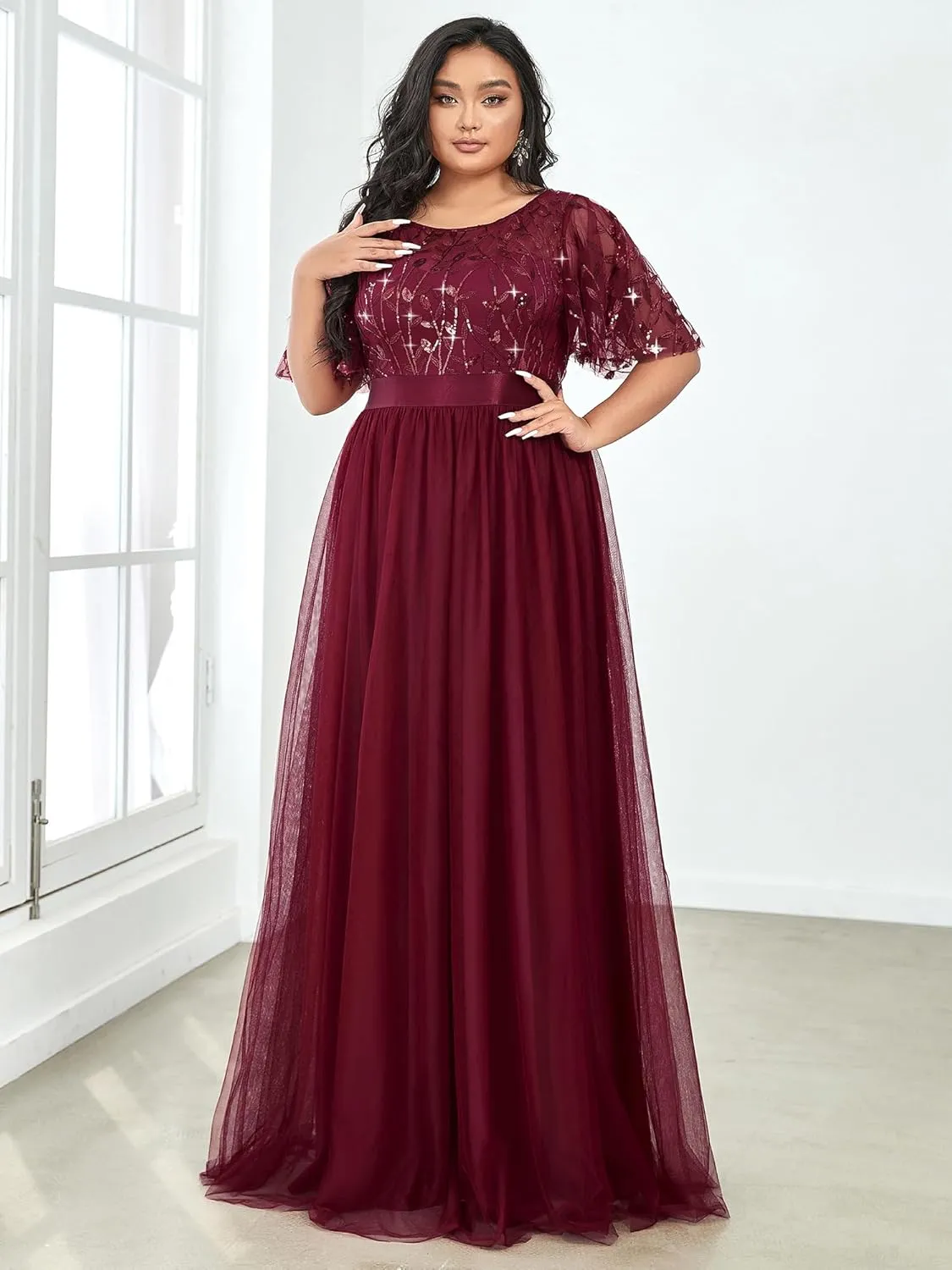 Ever-Pretty Women's Round Neck Short Sleeves Plus Size A-Line Tulle Sequin Formal Evening Dresses 0904-DA2
