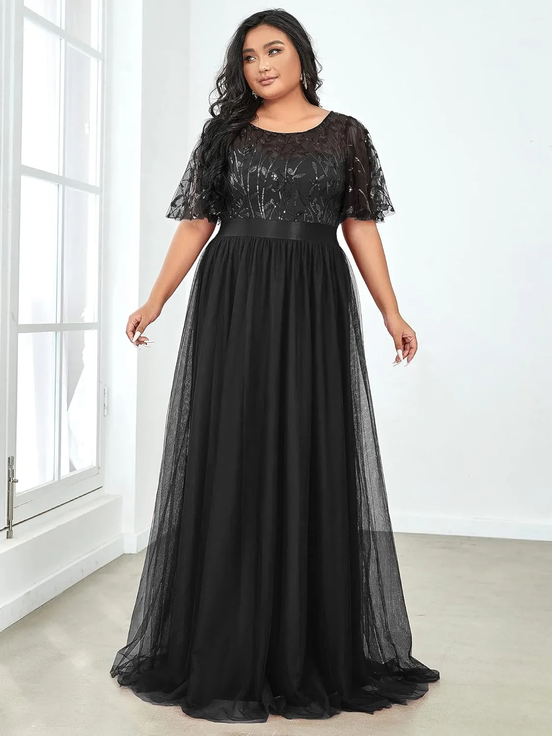 Ever-Pretty Women's Round Neck Short Sleeves Plus Size A-Line Tulle Sequin Formal Evening Dresses 0904-DA2