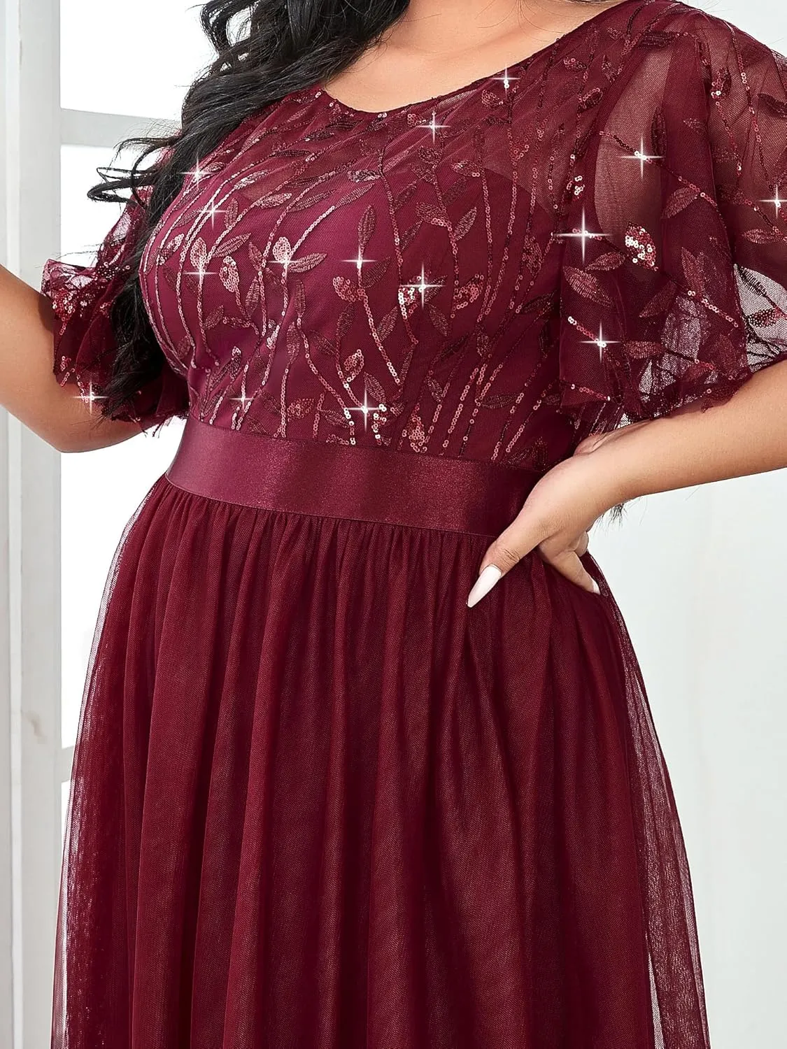 Ever-Pretty Women's Round Neck Short Sleeves Plus Size A-Line Tulle Sequin Formal Evening Dresses 0904-DA2