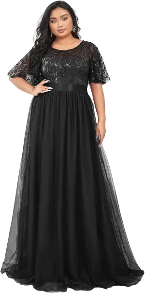 Ever-Pretty Women's Round Neck Short Sleeves Plus Size A-Line Tulle Sequin Formal Evening Dresses 0904-DA2