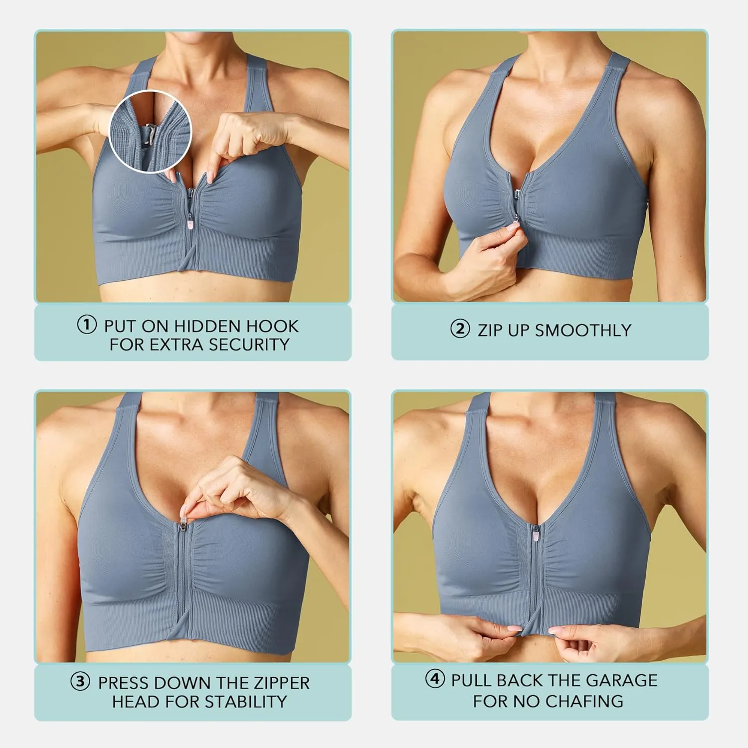 Evercute Zip Front Post-Surgery Bra Women's Wireless Sports Bras Padded Strappy Medium Support Yoga Exercise Athletic Bras