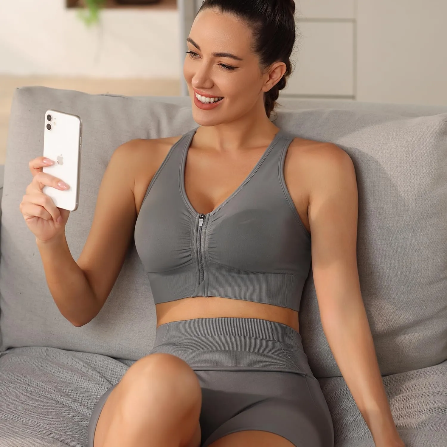 Evercute Zip Front Post-Surgery Bra Women's Wireless Sports Bras Padded Strappy Medium Support Yoga Exercise Athletic Bras