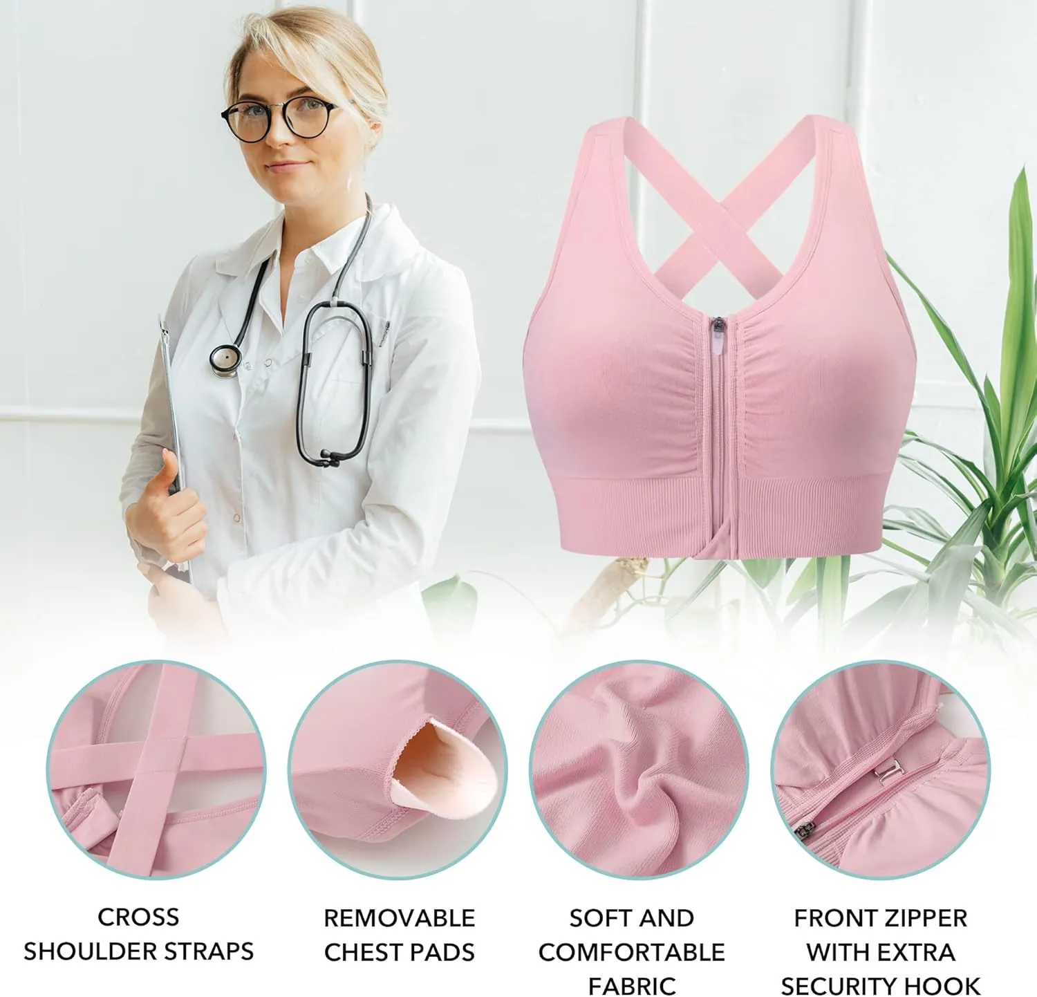 Evercute Zip Front Post-Surgery Bra Women's Wireless Sports Bras Padded Strappy Medium Support Yoga Exercise Athletic Bras