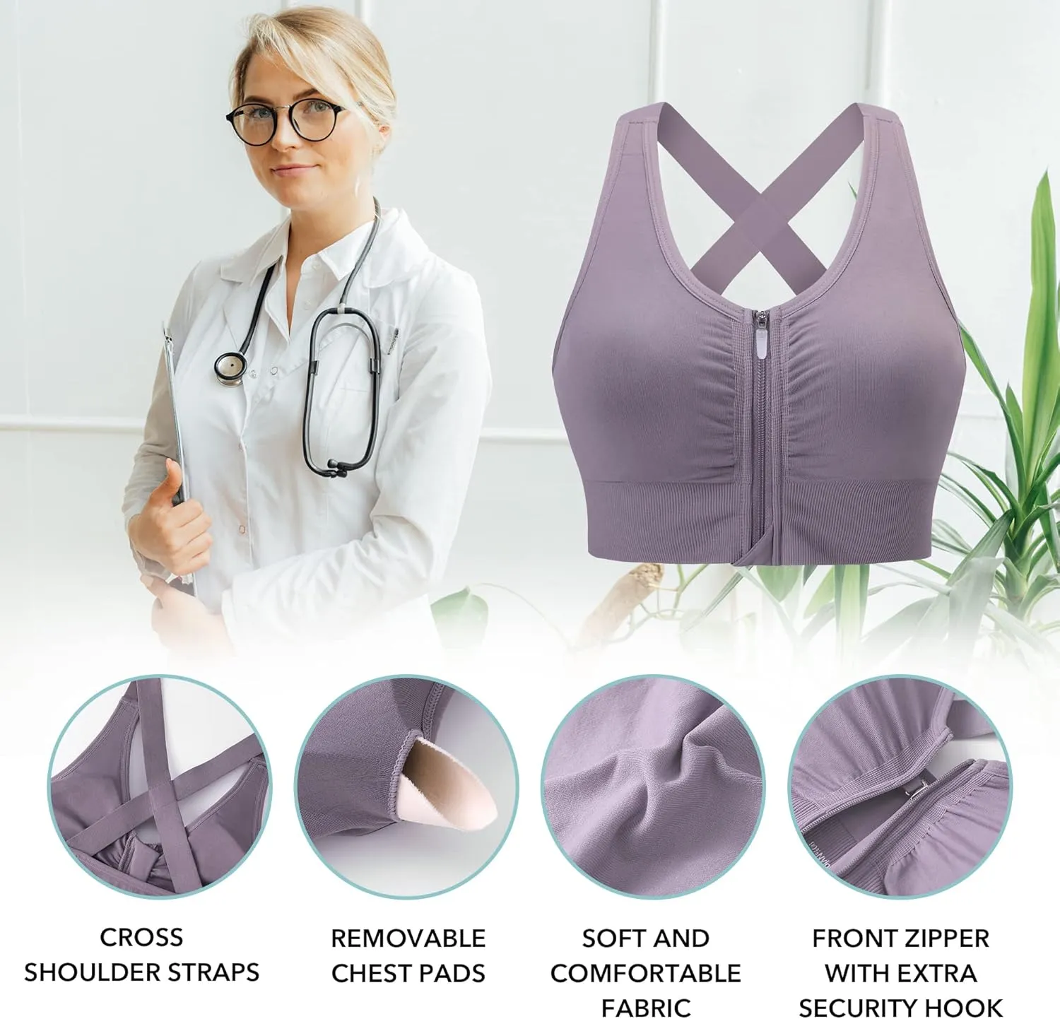 Evercute Zip Front Post-Surgery Bra Women's Wireless Sports Bras Padded Strappy Medium Support Yoga Exercise Athletic Bras