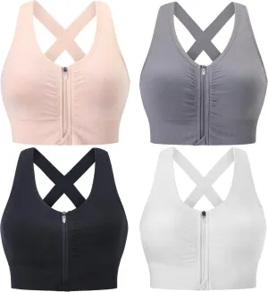 Evercute Zip Front Post-Surgery Bra Women's Wireless Sports Bras Padded Strappy Medium Support Yoga Exercise Athletic Bras
